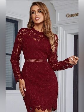 NWOT Eilly Bazar Lace Long-Sleeve Bodycon Dress - Burgundy